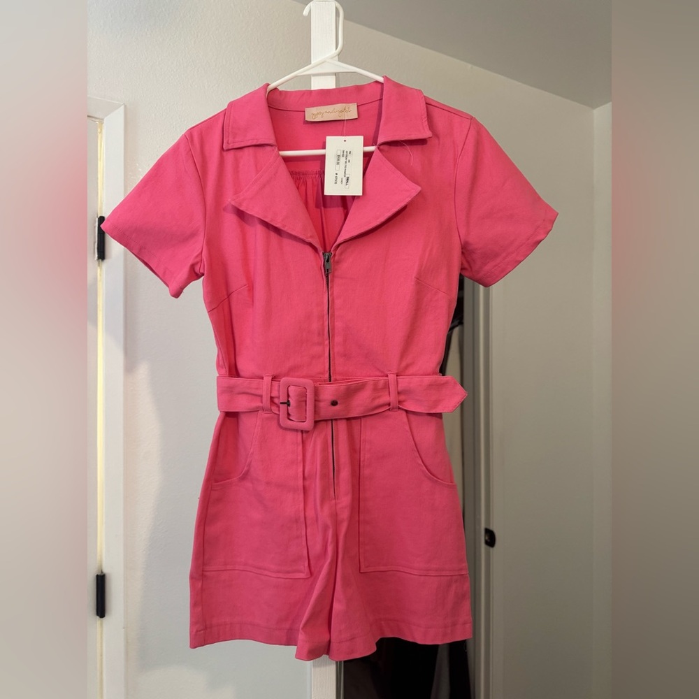 Pink Short Sleeve Romper with Belt
